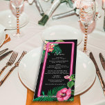 Neon Pink Tropical Retro Botanicals Wedding Menu<br><div class="desc">A modern yet retro themed neon pink tropical botanicals on a black background. A beautiful wedding design ideal for summer. Perfect neon pink tropical plants design featuring palm trees, pink Hibiscus flowers and Plumerias Frangipanis flowers. Black, pink, and green colors dominate this tropical pink neon design. The modern calligraphy typography...</div>