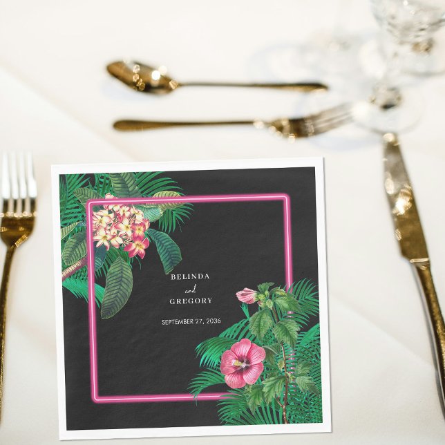 Neon Pink Tropical Retro Botanicals Wedding Napkins (Neon Pink Tropical Retro Botanicals Wedding Napkins)