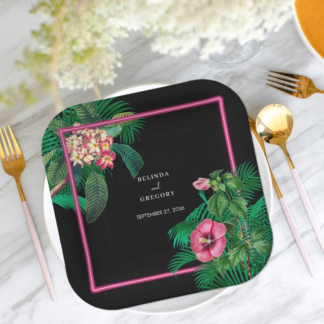 Neon Pink Tropical Retro Botanicals Wedding Paper Plates (Neon Pink Tropical Retro Botanicals Wedding Paper Plates)