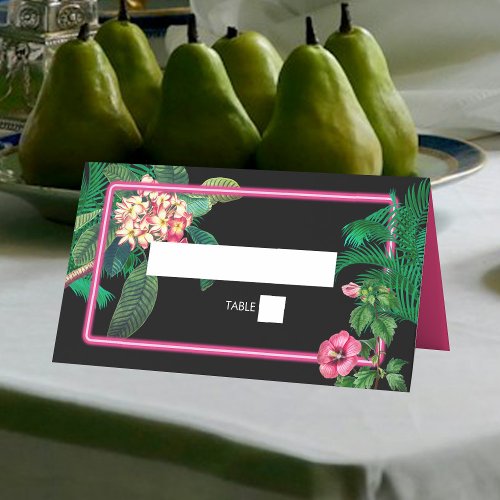 Neon Pink Tropical Retro Botanicals Wedding Place Card