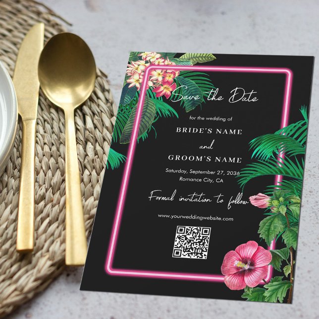 Neon Pink Tropical Retro Botanicals Wedding Save The Date (Neon Pink Tropical Retro Botanicals Wedding Save The Date)