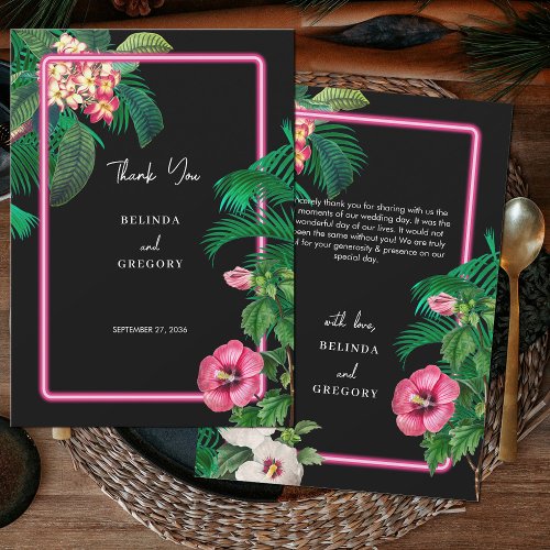 Neon Pink Tropical Retro Botanicals Wedding Thank You Card