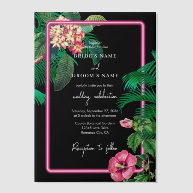 Neon Pink Tropical Retro Botanicals Wedding Vellum Invitations (Front)
