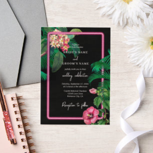 Neon Pink Tropical Retro Botanicals Wedding Vellum Invitations