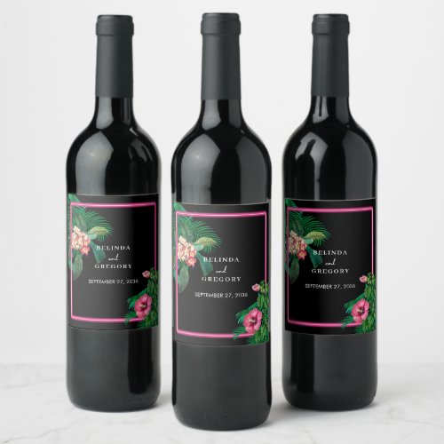 Neon Pink Tropical Retro Botanicals Wedding Wine Label