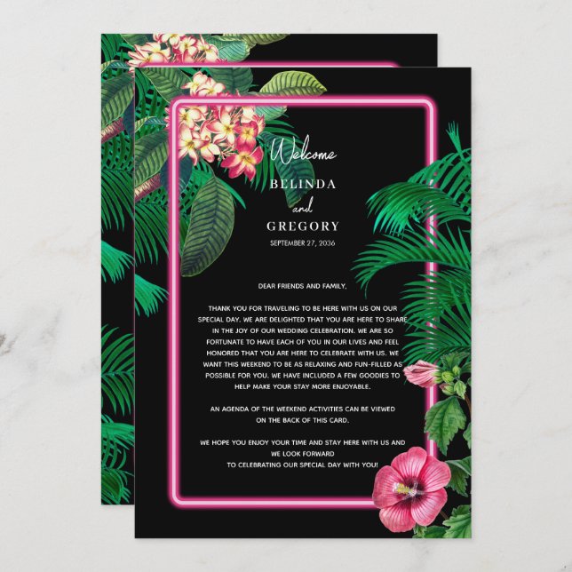 Neon Pink Tropical Retro Wedding Itinerary Program (Front/Back)
