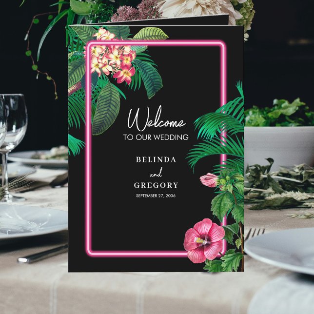 Neon Pink Tropical Retro Wedding Order of Service Program (Neon Pink Tropical Retro Wedding Order of Service Program)