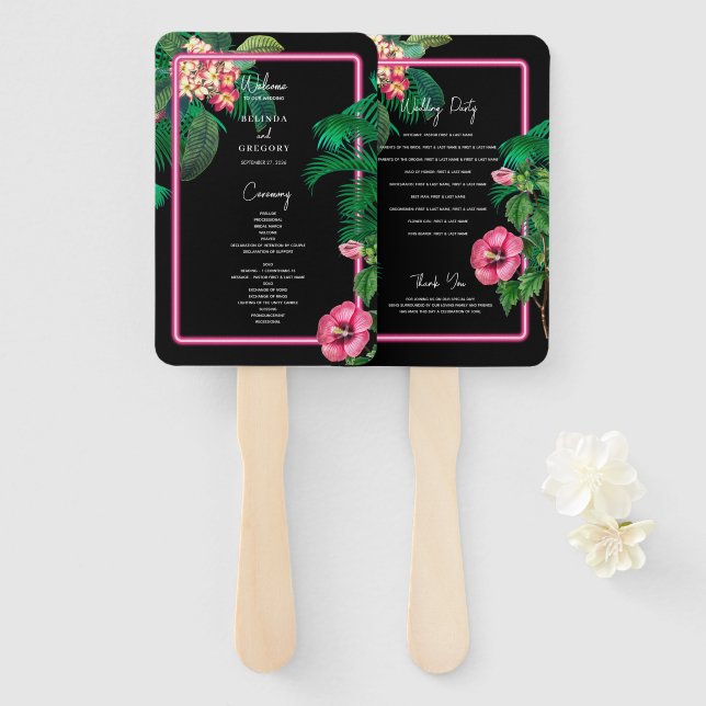 Neon Pink Tropical Retro Wedding Program Hand Fan (Front and Back)