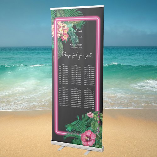 Neon Pink Tropical Retro Wedding Seating Chart Retractable Banner