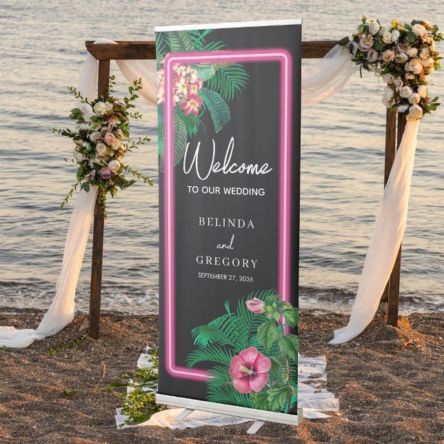 Neon Pink Tropical Retro Wedding Welcome  Retractable Banner (Neon Pink Tropical Retro Wedding Welcome Retractable Banner)