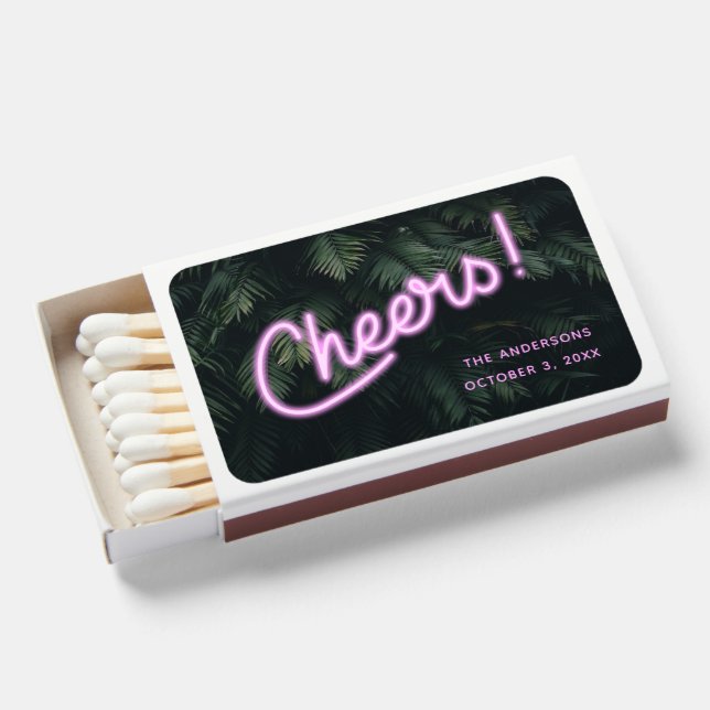 Neon Pink Tropical Wedding Favor Cheers  Matchboxes (Front Open)