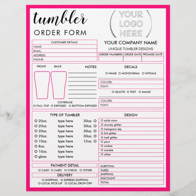 Neon Pink Tumbler Mug Cup Order Form Flyer
