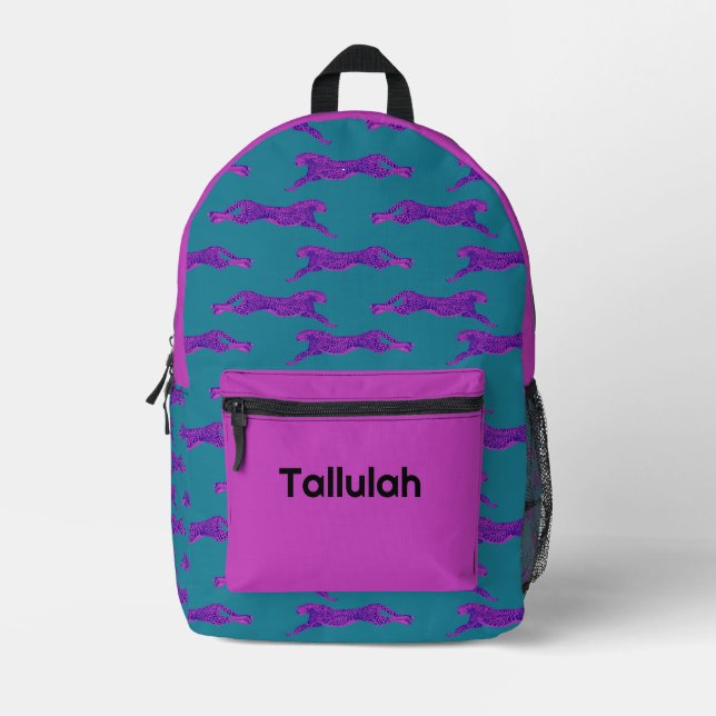 Neon Pink & Turquoise Cheetah Personalized Name Printed Backpack (Front)