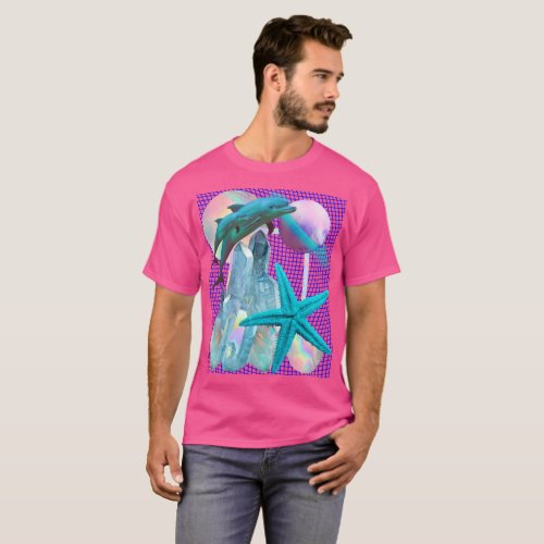 Neon Pink Vaporwave Seapunk Esthetic Dolphin T_Shirt