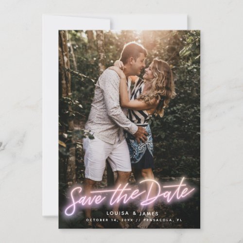 Neon Pink Vertical Photo Save the Date Invitation