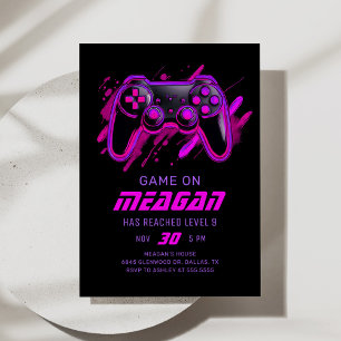 Neon Pink Video Game Gamer Birthday Invitation