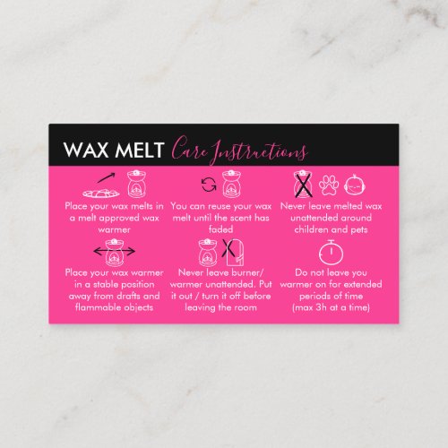 Neon Pink Wax Melt Care Instructions Business Card