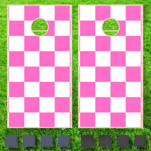 Neon Pink White Checkered Checkerboard Vintage Cornhole Set