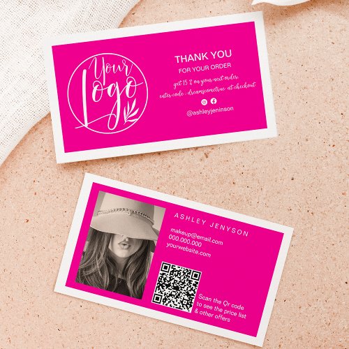 Neon pink white minimalist logo Qr order thank you Business Card