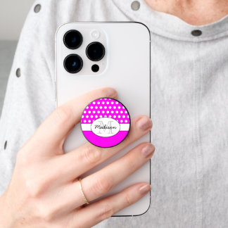 Neon pink White polka dot retro pattern Monogram PopSocket