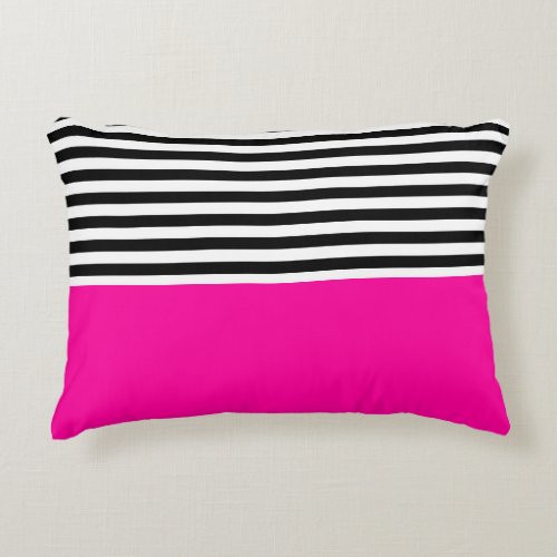 Neon Pink With Black and White Stripes Accent Pillow