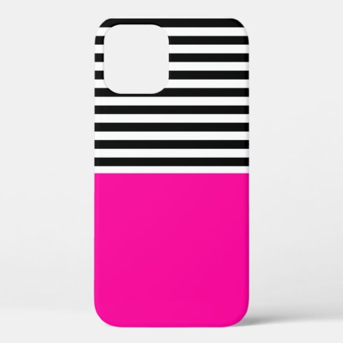 Neon Pink With Black and White Stripes iPhone 12 Case