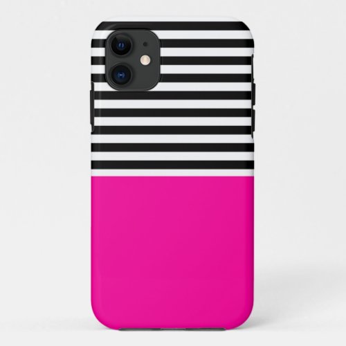 Neon Pink With Black and White Stripes iPhone 11 Case