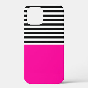 Neon Pink With Black and White Stripes iPhone 12 Case