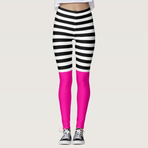 Neon Pink With Black and White Stripes Leggings