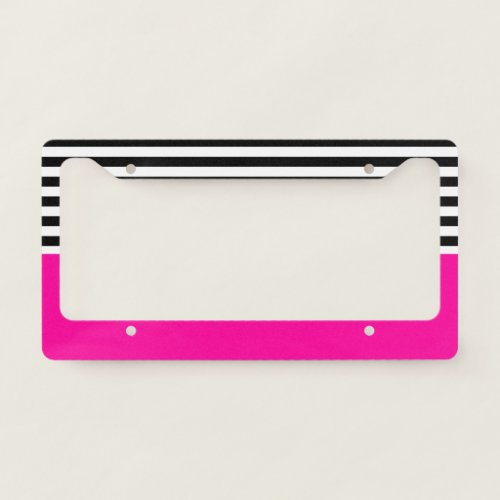 Neon Pink With Black and White Stripes License Plate Frame