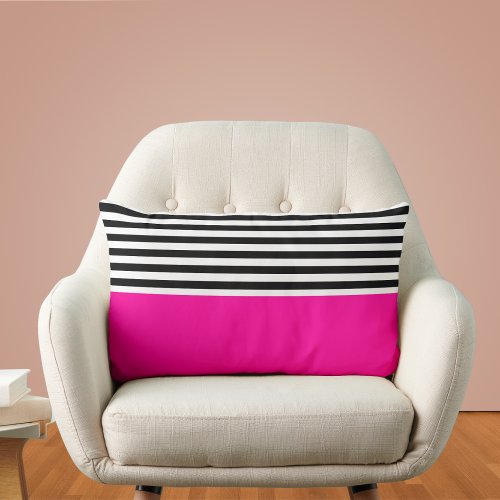 Neon Pink With Black and White Stripes Lumbar Pillow