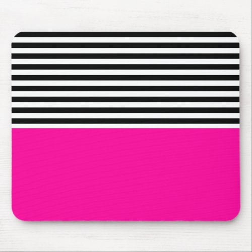 Neon Pink With Black and White Stripes Mouse Pad