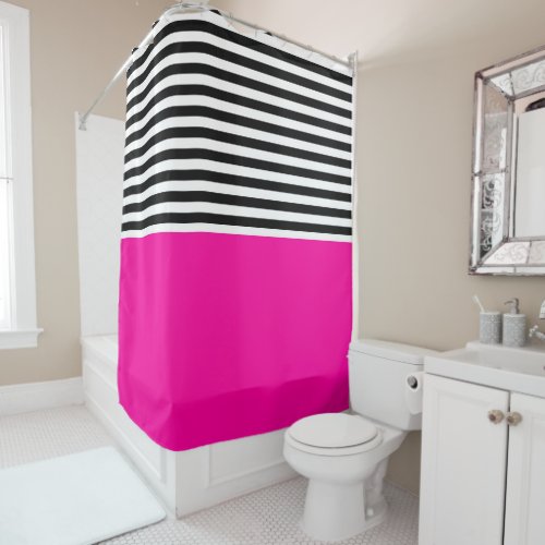 Neon Pink With Black and White Stripes Shower Curtain
