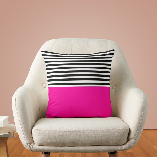 Neon Pink With Black and White Stripes  Throw Pillow