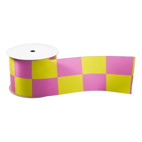 Neon Pink Yellow Checkered Checkerboard Vintage Satin Ribbon