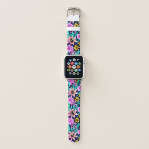 Neon Pink Yellow Floral Leaves Watercolor Pattern Apple Watch Band