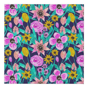 Neon Pink Yellow Floral Leaves Watercolor Pattern Faux Canvas Print