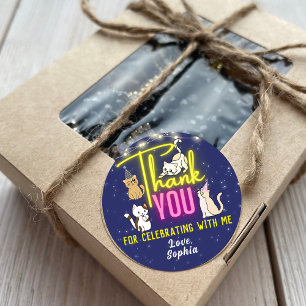 Neon Pink Yellow Glow Cute Cats Thank You Favor Classic Round Sticker