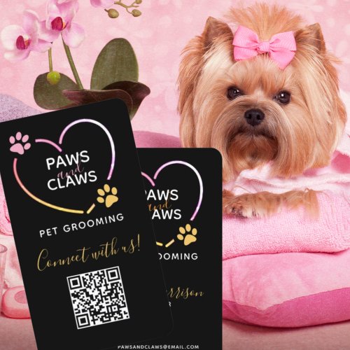Neon Pink Yellow Pet Grooming QR Code Business Card