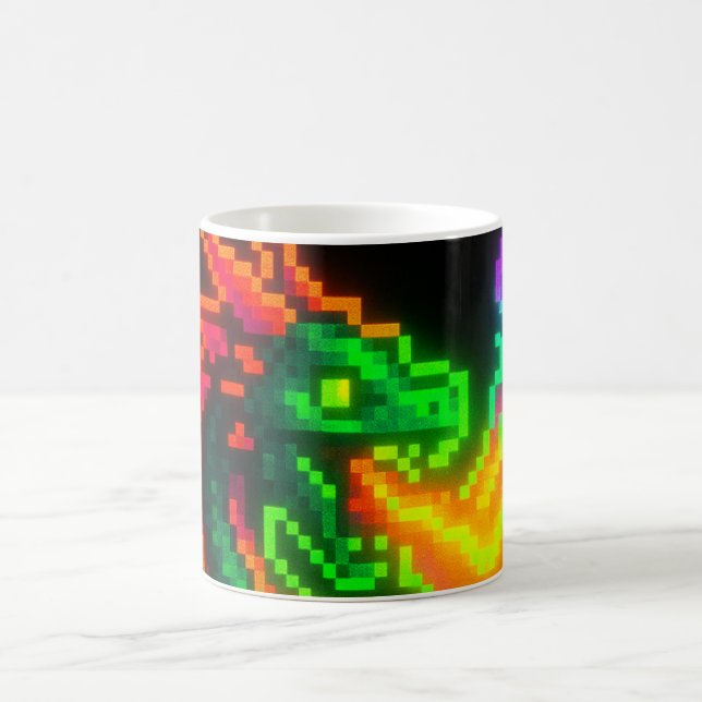 Neon Pixel Dragon – Retro Arcade Flame Design Coffee Mug (Center)