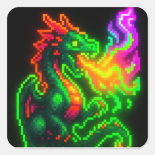 Neon Pixel Dragon – Retro Arcade Flame Design Square Sticker