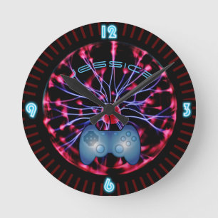 Neon Plasma Ball Girl Gamer Gaming Personalized Round Clock