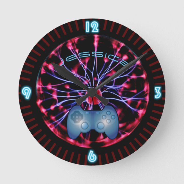 Neon Plasma Ball Girl Gamer Gaming Personalized Round Clock (Front)