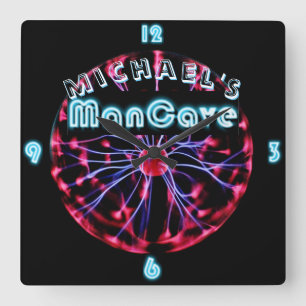 Neon Plasma Ball Mancave Gaming Den Personalized Square Wall Clock