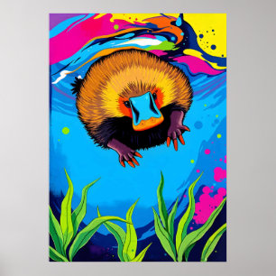 Neon Platypus Underwater Splash - Colorful Aussie  Poster