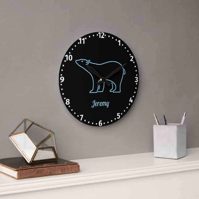 Neon Polar Bear Personalized Large Clock (Office)