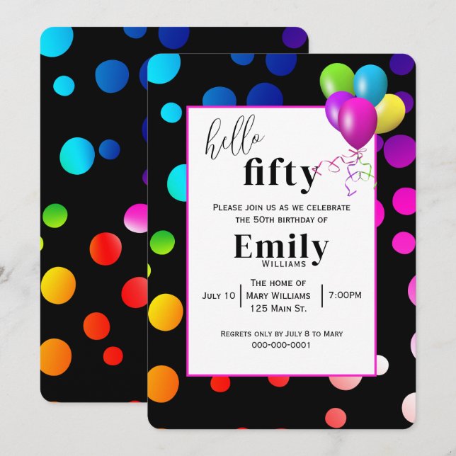Neon Polka Dots for 50th Birthday Party Invitation (Front/Back)