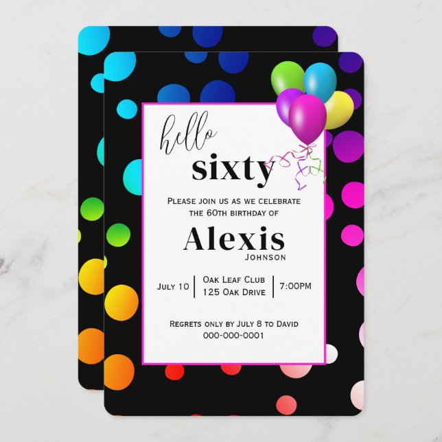 Neon Polka Dots for 60th Birthday Party Invitation (Front/Back)