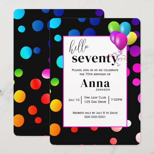 Neon Polka Dots for 70th Birthday Party Invitation (Front/Back)