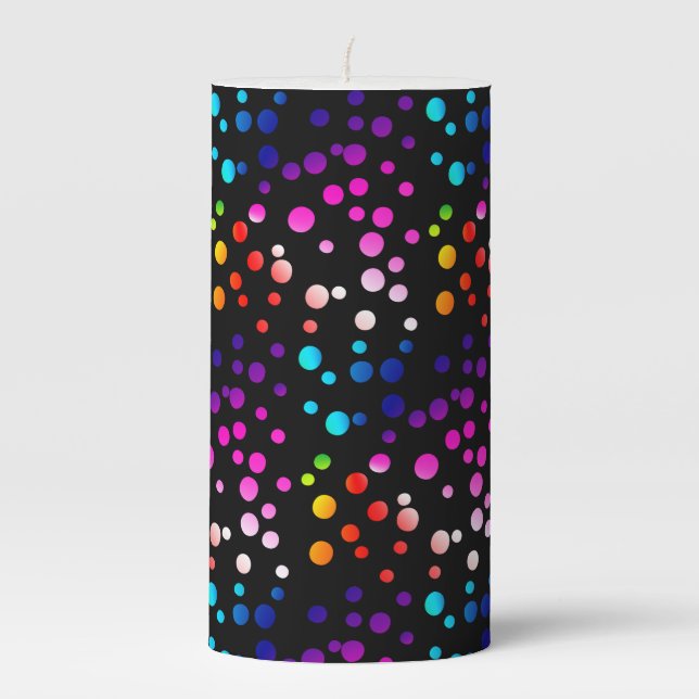 Neon Polka Dots on Black Pillar Candle (Front)